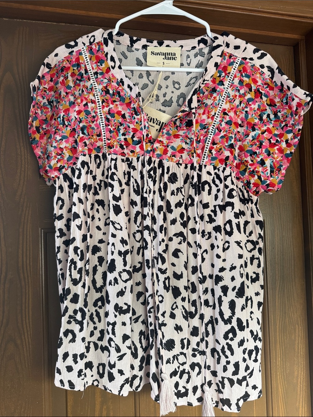 Savanna Jane Pink & Black Mixed Print Peasant Tunic
